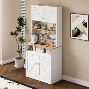 Buffet haut de cuisine H175 cm avec portes style grange panneau perfor&eacute; et 2 tiroirs MDF blanc et bois naturel