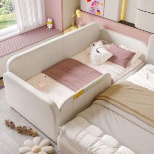 Lit Banquette Enfant 90x200 cm &ndash; Avec 2 Tiroirs &agrave; Roulettes et 3 Rangements Canap&eacute; en Velours MDF et M&eacute;tal Blanc Sans Matelas