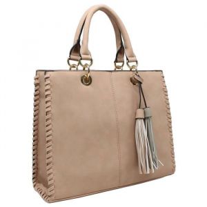 CRAZYCHIC - Sac Main Cabas Fourre-Tout Femme Cuir - Grand Sac Porté Epaule Bandoulière Pompon Franges Ville Tendance Chic - Beige