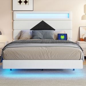 Lit double pour adulte scandinave 160x200 cm tissu velours beige lit rembourré avec sommier à lattes et LED USB lit capitonné