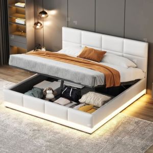Lit Coffre 160x200 cm - OKWISH - Simili Cuir Blanc - LED Multicolores - Rangement Pratique - 2 Places