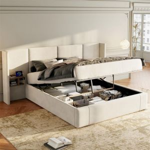 Lit Coffre 160x200 avec Sommier Lit Adulte pour 2 Personnes avec Table de Chevet Pris USB T&ecirc;te de Lit Longue en Velours Beige