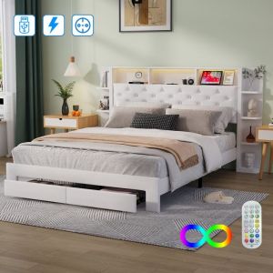 Lit 140 x 200 cm - LUMINARIX -lit adulte LED - 2 tiroirs -USB- lit double capitonné avec tête de lit de rangement -Velours blanc