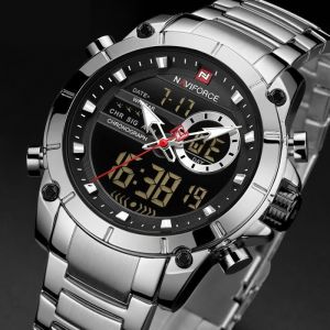 LINGYUE Hommes Double Affichage Quartz Led Montre En Acier Inoxydable Chronographe Hommes Montres - Argent