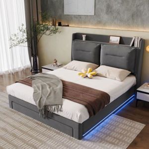 KoDise Lit coffre 140x190 cm Lit capitonné - tissu velours - avec tiroirs de rangement - éclairage LED - gris