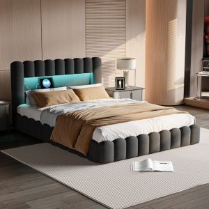 Lit capitonne coffre 180x200 lit tête de lit espace rangement avec chargement USB cadre de lit 2 personnes lit coffre led gris