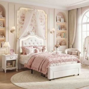 Lit Enfant 90x200cm Lit capitonn&eacute; avec LED et Strass - 1 Tiroir de Rangement - Similicuir Blanc