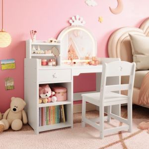 Table de Coiffeuse Princesse avec Miroir &agrave; LED pour Enfants - Bureau Maquillage en Bois avec Chaise Tiroir et &Eacute;tag&egrave;res-Blanc