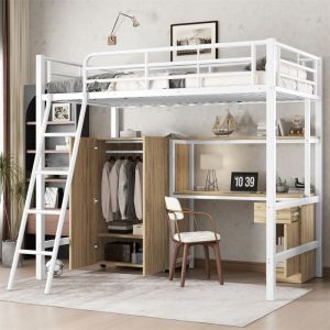 Lit Mezzanine 1 Place pour Enfants et Ado Lit Mezzanine 90x200 avec Bureau et Armoire de Rangement Échelle Blanc Métal et MDF