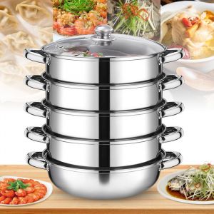 Cuit-vapeur Inox - Cuiseur vapeur &agrave; cinq couches -  Avec couvercle en verre - 30cm diam&egrave;tre-Compatible avec les plaques &agrave; induction