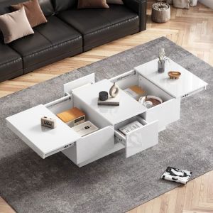 Table basse moderne brillant 100x55x35cm Table basse salon extensible blanc avec 2 tiroirs 2 compartiments cachés
