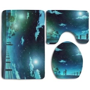 NA Anime Nuit Vue Bleu Confort Flanelle Tapis de Salle de Bain Tapis Ensemble 3 pièces Doux antidérapant[14255]