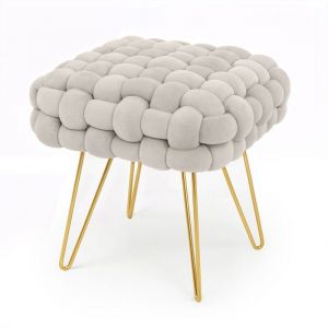 Tabouret en velours tress&eacute; rembourr&eacute; 38 cm DOTTY Cr&egrave;me