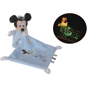 Peluche Mickey avec Mouchoir Phosphorescente Bleu 17 Cm - Disney - Doudou Brille Dans La Nuit Blanc et Bleu -