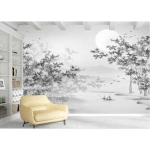 Papier Peint Panoramique Art Zen Noir Et Blanc Forêt Lac Eau Lune Nature Paysage 350x250cm 3D Intissé Soie Poster Geant Mural
