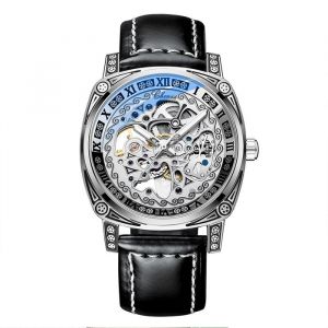 SHARPHY Montre homme de marque premium m&eacute;canique automatique cadran squelette vintage bracelet en cuir argent noir cool