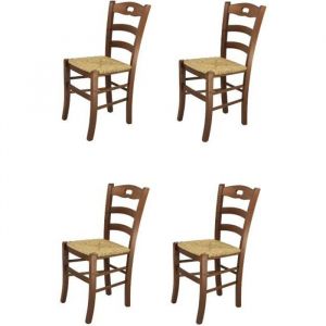 Tommychairs - Set 4 chaises cuisine SAVOIE robuste structure en bois de hêtre peindré en couleur noyer et assise en paille