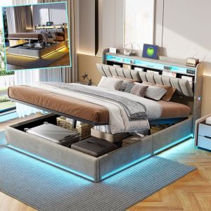 Lit 140x190 Coffre Led -T&ecirc;te de Lit Capitonn&eacute; avec Rangement & USB/Type-C -Cadre de Lit Double avec Sommier a Lattes -Velours Gris