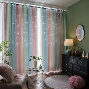 2 Pi&egrave;ces Rideaux Chambre-L132 sur H243 cm-Rose et Bleu Couleurs D&eacute;grad&eacute; Etoiles Perfor&eacute;es-Rideau Occultant avec Blanc Voilages