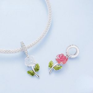 925 Argent Sterling Rose Perle Suspendue Perle Couleur Changeable Fleur Pendentif Charms Pour Femmes Bracelet Et Collier Diy