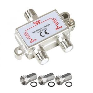 HDSAT Pack REPARTITEUR ANTENNE TV ou Sat 1 Entree 2 Sorties 5-2300 MHz + 3 Fiches F Argent