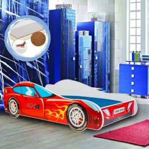 Lit enfant en forme de voiture 4x4 – 160 x 80 cm avec sommier et matelas en mousse-coco avec housse Aloe Vera