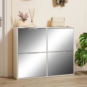 GOOBUY Armoire &agrave; Chaussures Inclinable 100cm &Eacute;tag&egrave;re &agrave; Chaussures avec 4 Compartiments Surface Miroir &Eacute;tag&egrave;re R&eacute;glable Blanc