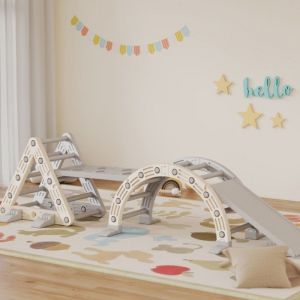 Triangle Escalade 5 en 1 avec  Toboggan Arche - Rampe Double Face - Aire Jeux Int&eacute;rieure Enfant 18-48 Mois - Gris et Blanc