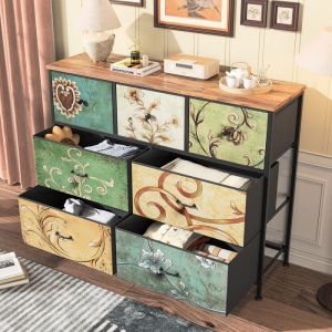 Commode - Meuble de Rangement - 7 Tiroirs avec Poign&eacute;es - Motif R&eacute;tro - Cadre en Bois - Grande Tour de Rangement et Dessus en Bois