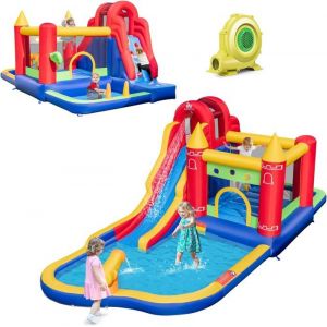 GOPLUS 9 en 1 Château Gonflable Enfant 3-10 Ans avec Souffleur-Parc Aquatique/Toboggan/Mur d'Escalade/Canon à Eau/50 Balles