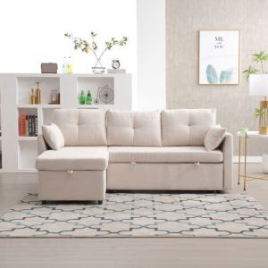 Abrihome Canapé Sectionnel 3 en 1 en L avec Siège Inclinable Réversible et Rangement Intégré Convertible en Lit - Beige