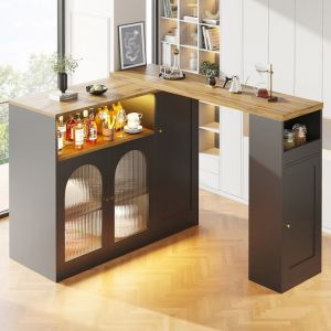 Table De Bar Extensible Avec Espace De Rangement Table De Bistrot Avec 2 Portes En Verre Et Lumières LED Buffet Armoire À Vin