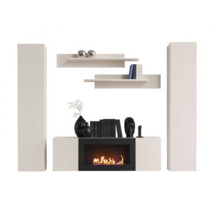 Composition murale FLY cachemire avec chemin&eacute;e bio-&eacute;thanol et rangements