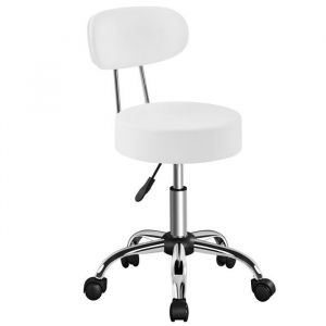 Yaheetech Tabouret Rond &agrave; Roulettes Hauteur R&eacute;glable 755 -85 cm Assise Rembourr&eacute;e Rev&ecirc;tement en Similicuir Blanc