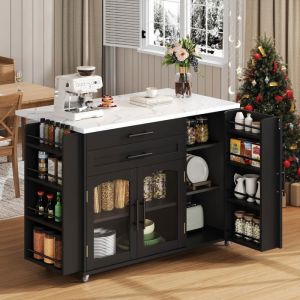 &Icirc;lot de Cuisine Mobile - avec Table Rabattable Portes Vitr&eacute;es 2 Tiroirs et &Eacute;tag&egrave;res &ndash; 120 x 45 (70) x 90 cm - Noir