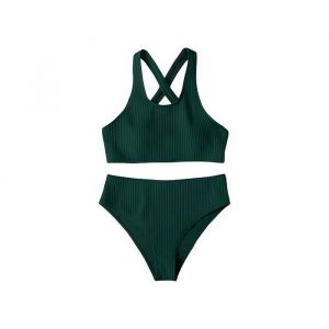 Maillot de Bain 2 Pi&egrave;ces Femme Taille Haute Vert - Bikini &Eacute;l&eacute;gant Confortable Polyester &Eacute;lasthanne - Taille L Plage Piscine