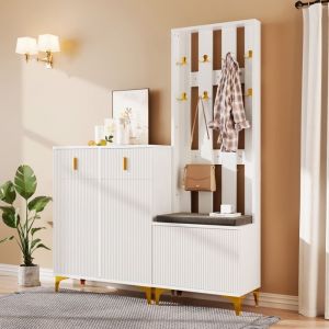 Meuble d’Entrée Vestiaire RangementBanc et Étagères à Chaussures Design moderne-Blanc 605x32x1805cm+83x35x101cm
