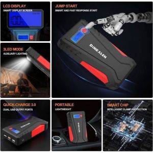 Chargeur booster batterie voiture 1500A &ndash; D&eacute;marreur Portable 12800mAh pour Moto/Voiture (6.0L Essence/5.0L Diesel) &ndash; &Eacute;cran LCD