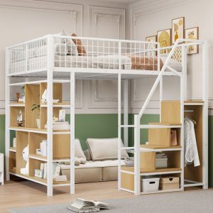 Lit mezzanine 140x200 cm avec escalier - lit enfant lit adulte avec rangements &eacute;tag&egrave;res - m&eacute;tal + MDF - blanc