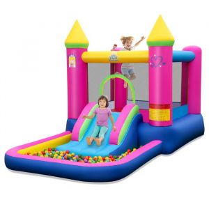 COSTWAY Château Gonflable 4-en-1 sans Souffleur pour Enfants avec Toboggan - Zone de Saut Panier de Basket et Piscine à Balles