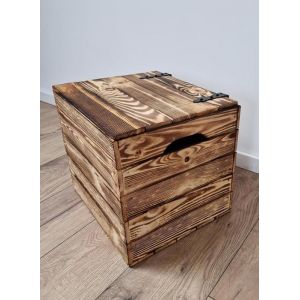 Caisse bois - PYXIDAS - Bo&icirc;tes de rangement avec couvercle &agrave; charni&egrave;re - 34x38x33 cm - Lot de 1 - Effet Br&ucirc;l&eacute;