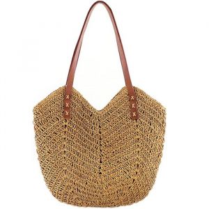 Sac de plage - Bohème - Tissé en paille - Fermeture éclair - Poignées en cuir - Marron