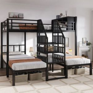 Lit superpos&eacute; m&eacute;tal noir robuste 90&times;200 &140&times;200 cm triple couchage avec &eacute;chelle s&eacute;curis&eacute;e et rangement int&eacute;gr&eacute; N LITS SUPERPOSES