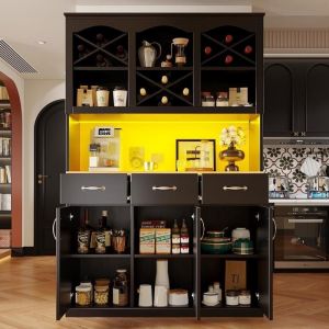 Buffet cuisine haut avec 3 portes meuble de rangement 120 &times; 40 &times; 180 cm avec 3 tiroirs et &eacute;clairage led intelligent noir