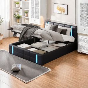 lit coffre avec rangement cadre de lit avec tête de lit et lumières led lit 160x200 lit adolescent lit 2 personne moderne noir