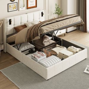Lit coffre 140 x 200 avec lampe de lecture lit 2 personnes avec sommier et rangement lit 140 x 200 avec sommier velours beige