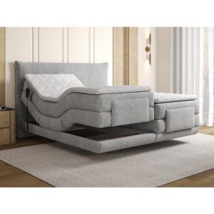 Ensemble complet boxspring t&ecirc;te de lit + sommiers relaxation &eacute;lectrique + matelas + surmatelas - 2 x 80 x 200 cm - Tissu - Gris clai