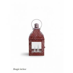 Lanterne d&eacute;corative - Rouge No&euml;l - M&eacute;tal effet neige - Photophore avec bougie - 20 cm