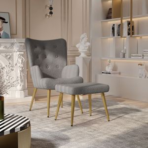 Fauteuil avec Repose-Pied Tissu Gris Pieds en Metal Style Scandinave Dossier haut Chaise Pour SalonChambreSalle à manger