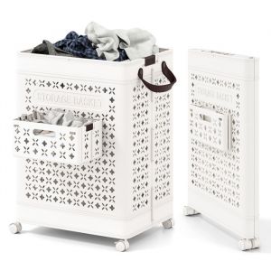 COSTWAY Panier à Linge Pliable 75 L sur Roulettes avec Poignées 435x 34 x 61 CM Pas Chère Blanc
